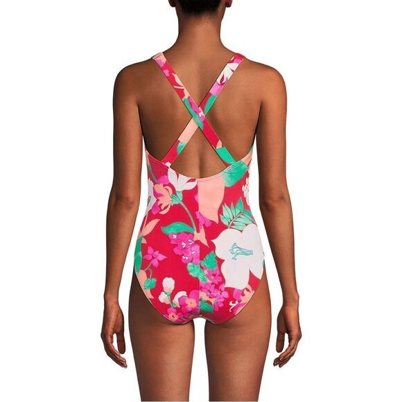 Land's End one piece X back high leg tug swimsuit coral rose lilies Various - Picture 3 of 5